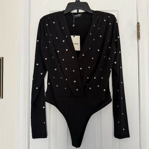 Nocturne Black Embellished Surplice Bodysuit - Rhinestone Accents